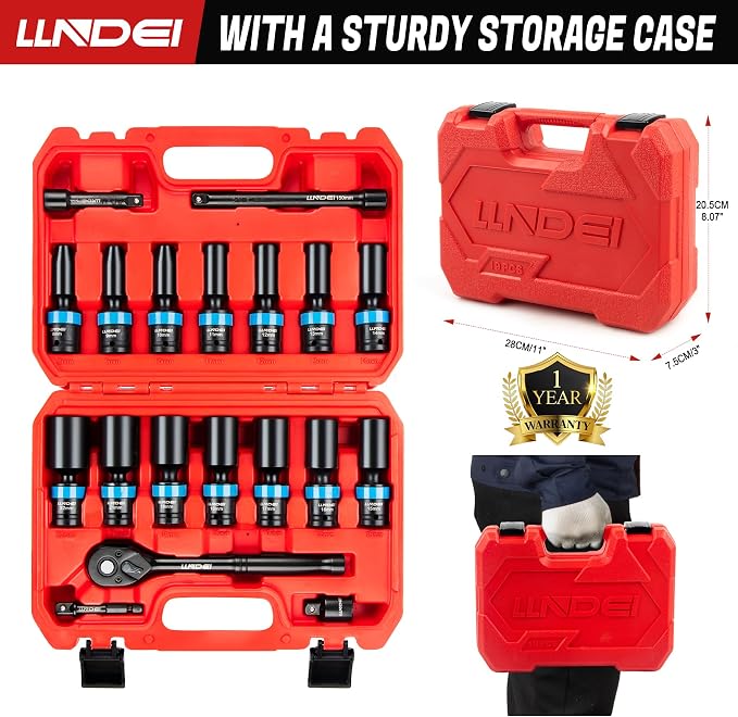 LLNDEI 3/8" Drive Deep Swivel Impact Socket Set 19Pcs CR-MO | Metric 8-22mm Wobble Sockets, 3"&6" Bars, for Engine Bay, Transmission Work, Exhaust Systems & Heavy Truck Repair