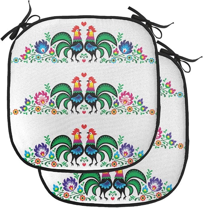 Lunarable Gallus Chair Cushion Pads Set of 2, Roosters Polish Culture Slavic European Classics Art, Anti-Slip Seat Padding for Kitchen & Patio, 16"x16", Orange Green Pink