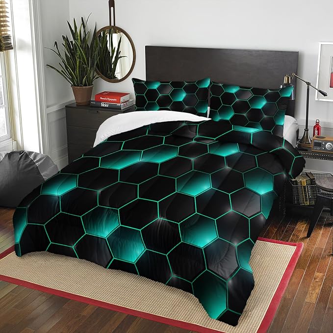 Geometric Black Green Neon Comforter Set,Light Honeycomb 3 Piece Bedding Set Twin for Teen Boys,Modern Bedding Quilt Set Geometry Decor,Microfiber Lightweight 1 Comforter 2 Pillowcases All Season