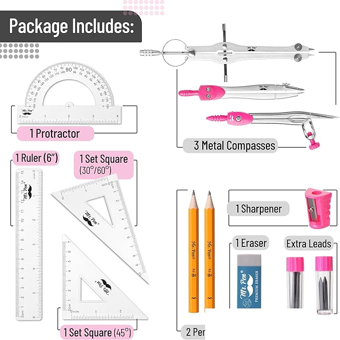 Mr. Pen- Geometry Set, 13 pcs, 3 Metal Compasses, Protractor, 6" Ruler, 45° & 30°/60° Set Squares, Pencils, Lead Refills, Sharpener & Eraser for Math, Drafting & Classroom Use