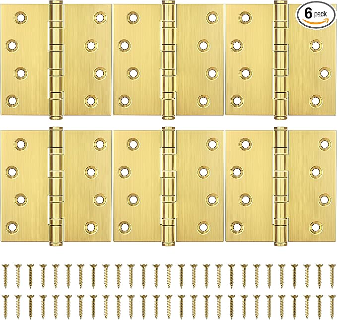 KOLET Ball Bearing Gold Door Hinges, 4 x 4 Inches Square Door Hinges Satin Gold, Square Corner, Stainless Steel Hinges, Heavy Duty, Smooth and Non Removable Pin, 6 Pack
