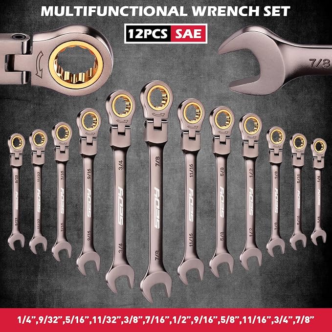SEDY Premium 12-Piece SAE Flex-Head Ratchet Wrenches Set 1/4"-7/8" with Magnetic Organizer, Cr-V Steel Ratcheting Wrench Set with 72 Teeth 180° Flex Head, Ratchet Combination Wrench Set for Repair