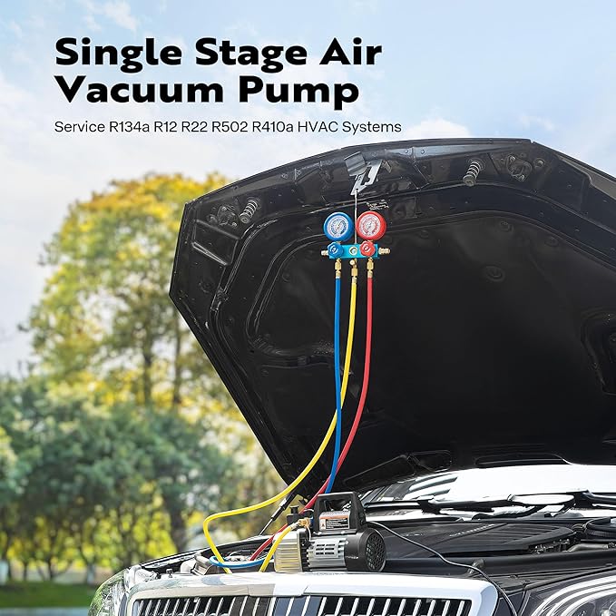 VIVOHOME 110V 1/3 HP 4CFM Single Stage Rotary Vane Air Vacuum Pump and AC Manifold Gauge Set Kit with Leak Detector for R134a R12 R22 R502 R410a HVAC Air Conditioning Refrigeration Recharging, Black