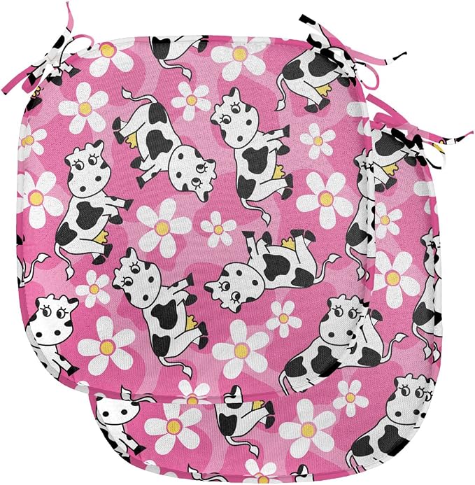 Lunarable Cow Chair Seating Cushion Set of 2, Cartoon Pattern Domestic Farm Animal and Daisy Flowers, Anti-Slip Seat Padding for Kitchen & Patio, 16"x16", Pink Charcoal Grey