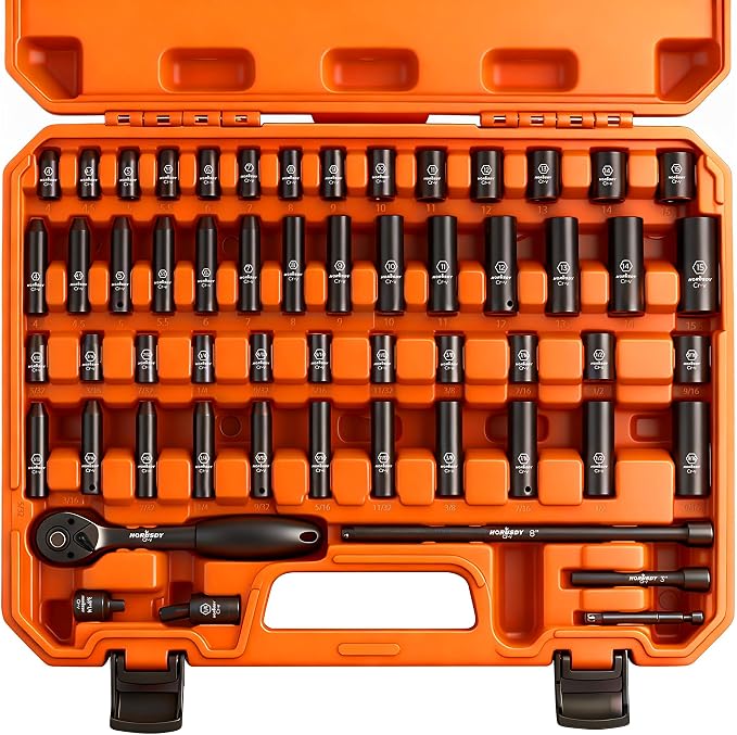 HORUSDY 56-Piece 1/4" Drive Impact Socket Set, Standard SAE (5/32 to 9/16 inch) and Metric (4-15mm) Size, 6 Point, Cr-V, 1/4-Inch Drive Ratchet Wrench, Drive Extension Bar, Impact Universal Joint