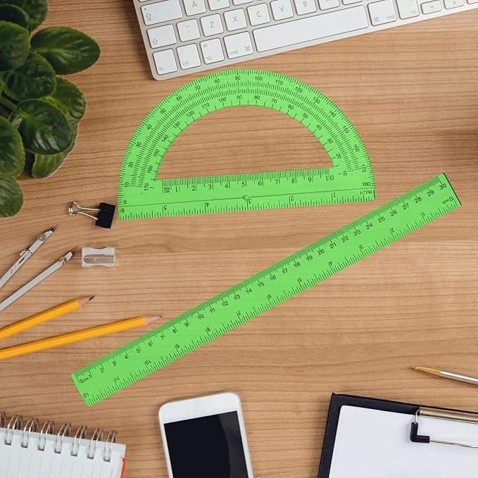 2 Packs 12 Inch Plastic Ruler and 6 Inch Plastic Protractor Set Clear Math Geometry Set Classroom Set Angle Detector School Supplies Classroom Ruler Home Office Drawings (Green)
