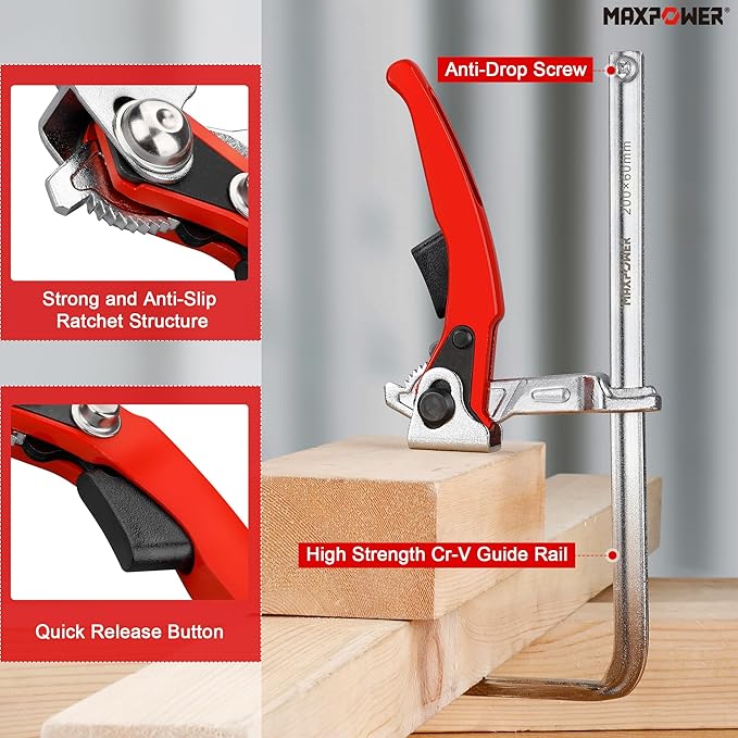 MAXPOWER Ratcheting Table Clamp, Quick Release Clamp For MFT and Guide Rail System, Bar Clamp with 7 7/8" Capacity x 2 3/8" Throat Depth, 530 lbs Clamping Force - 2 Pack
