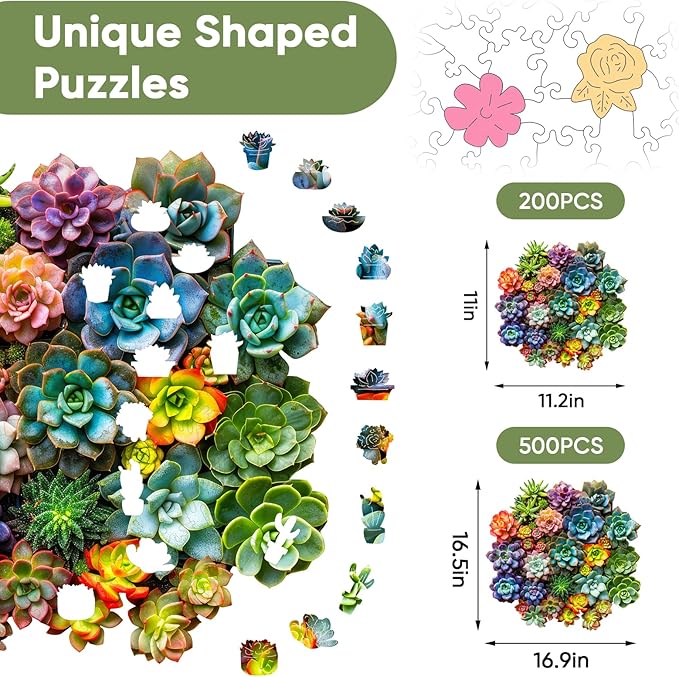 Delobil Succulent Plants Wooden Puzzles for Adults, 500 Pieces Jigsaw Puzzles, Unique Shaped Wood Puzzle Gift for Adults and Kids, Family Game 16.9'' x 16.5''