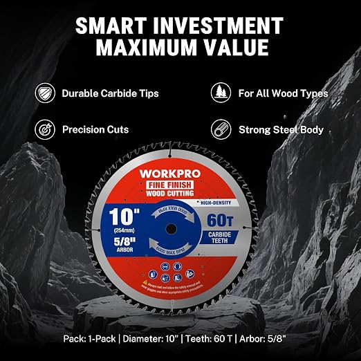 WORKPRO 10 Inch Woodworking Circular Saw Blade, 60T Fine Finish Plywood & Trim, Thin Kerf, Carbide Tipped, ATB Tooth, 1-Pack