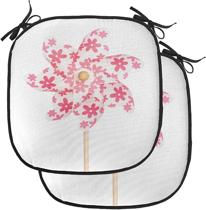 Lunarable Pinwheel Chair Cushion Pads Set of 2, Pinwheel Paper Power Wood Cheering Color Pin Freedom Happiness Family Time, Anti-Slip Seat Padding for Kitchen & Patio, 16"x16", White Coral Rose