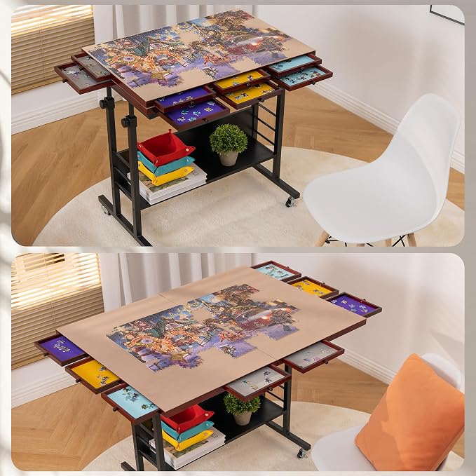 Tektalk 2000 Piece Foldable Puzzle Board with Height Adjustment, Jigsaw Puzzle Table with 2 Felt Cover & 8 Sorting Trays/Drawers, Puzzle Easel with Legs, Enclosed with 4 Roller Wheels - Black