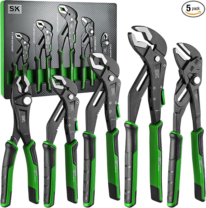SK 5-Piece Pliers Set, 8" Adjustable Joint, 8", 10" and 12" Quick Adjust V-Jaw Groove Joint, 10" Pliers Wrench, Premium CR-V Construction, with EVA Foam Tool Organizer