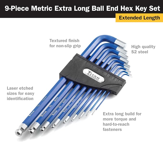 Titan 12764 22-Piece SAE and Metric Hex Key Set | Includes 3/64-3/8 SAE & 1.5-10mm Metric Keys in Plastic Organizers with Size Markings, Extra-Long Arm
