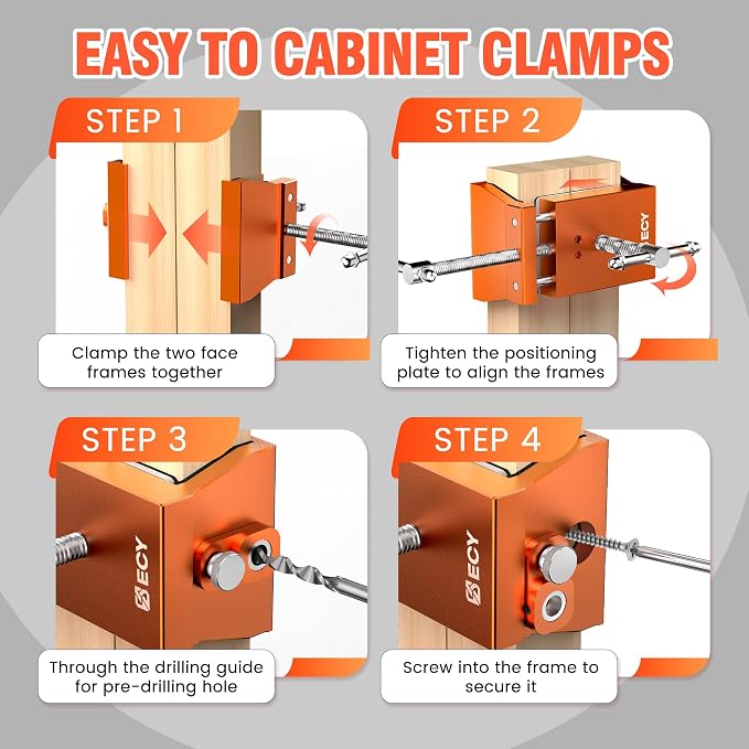 ECY Cabinet Clamps, Cabinet Face Frame Alignment Tool, 2 Pack, Orange | Anodized Aluminum Alloy, Professional Installation Clamps, For Woodworking, Cabinet Installation & DIY Projects