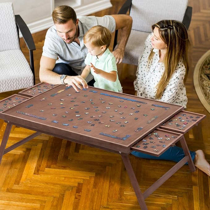 TEAKMAMA 1500Pcs Jigsaw Puzzle Table with 4 Drawers for Adults,Brown | Wooden Jigsaw Foldable Puzzle Board with legs,with Protective Cover,Multifunctional Game Table,34W x 26.3D