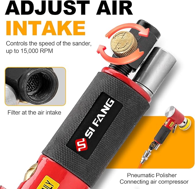SI FANG 48Pcs 1'' 2'' 3'' Mini Air Sander Kit, High Speed Random Orbital DA Sander Polisher for Auto Body Work, Includes 1/2/3in Polishing Sponge & Wool Pads Sandpapers (Red Pneumatic Sander)