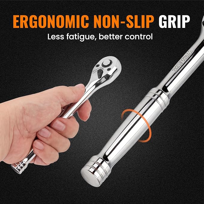 3/8“ Drive 90-Tooth Ratchet Wrench with Extension Bar | Socket Wrench, Reversible Design, Quick-Release, Cr-Mo Head, Cr-V Made, 4° Swing Arc, Full Polished