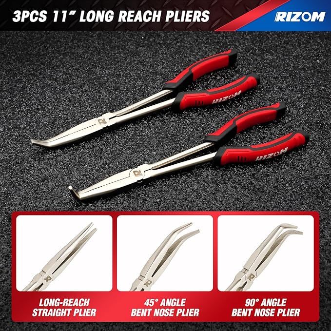 RIZOM 11 Inch Long Needle Nose Pliers, 3Pcs Needle Nose Pliers Set, 90° & 45° Bent Nose Pliers Designed for Long Reach and Narrow Spaces, Includes Storage Bag