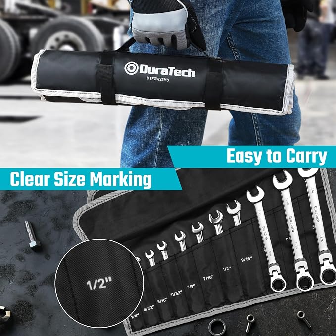 DURATECH Flex Head Ratcheting Wrench Set, 22-piece, Metric & SAE | Combination Wrench Set, 1/4" to 3/4" & 6-18mm, CR-V Steel, Mirror Polished, With Pouch