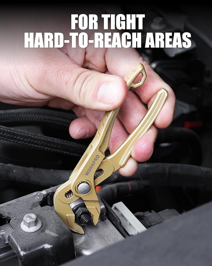 WORKPRO Mini Water Pump Pliers, 4-Inch Groove Joint Pliers, Fast Adjustable Tongue and Groove Plier with 15-Position Push-Lock, V-Jaw for Multi-Surface Grip, EDC Plier for Tight Spaces & Versatile Use