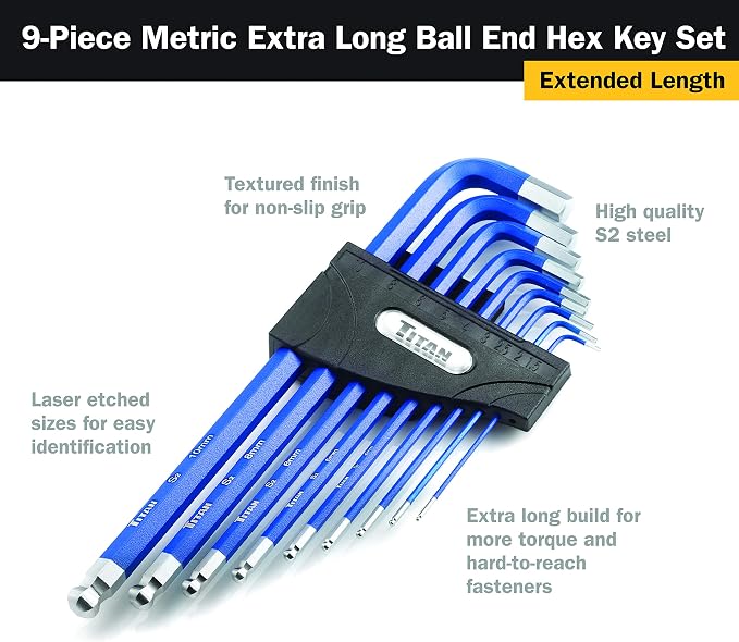 Titan 12714 9-Piece Extra-Long Arm Ball Tip Metric Hex Key Set