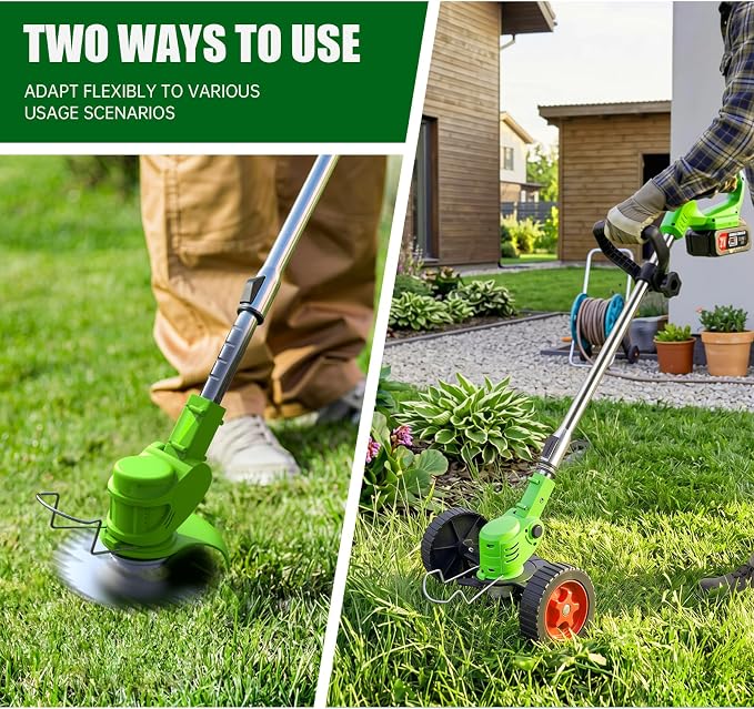 Electric Weed Wacker Eater Cordless Weed Trimmer with Wheels and 2 Pcs 21V/2000mAh Batteries, 3 in 1 Grass Trimmer/Brush Cutter/Lawn Edger with 27 Pcs Replacement Blades for Lawn Garden and Yard