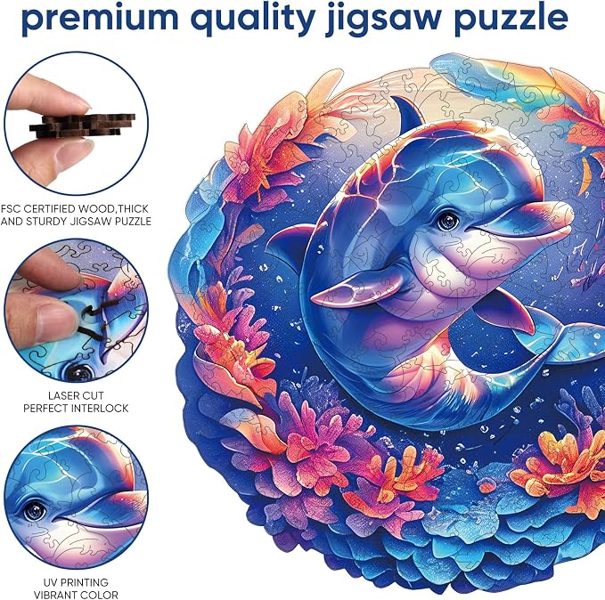 Qiuenisray Wooden Puzzles for Adults, Dolphin Baby Jigsaw Puzzles 200 Pieces, FSC Certified Unique Ocean Adult Puzzles, Wood Puzzles Creative Gift for Family Game 11.2x11.2 in