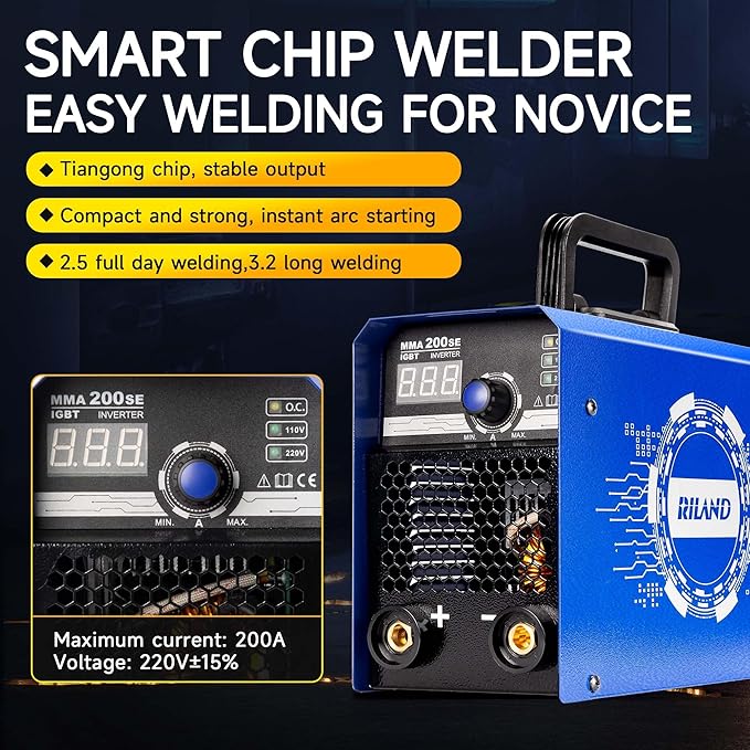 RILAND Stick Welder with Digital Display, 200A ARC/Lift TIG Welding Machine with Synergic Control, IGBT Inverter 110V/220V Portable MMA Welder Machine with Hot Start, Arc force and Anti-Stick