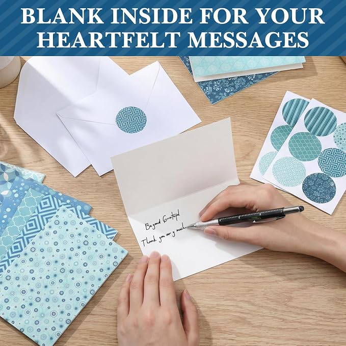 Maitys 200 Set Geometry Blank Cards and Envelopes Bulk 4x6 Inch Blank Blue Greeting Cards with Envelopes & Stickers 10 Elegant Designs Stationery Notecards for Anniversary Birthday Business Events