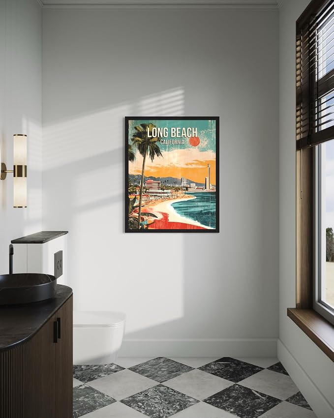 Long Beach California Black Framed Wall Art Print Poster, US Vintage Retro Beach Scenery Posters Prints for Restroom Home Picture Painting Artwork Gallery 219 (Long Beach California, 16 x 20 inches, Black Frame)