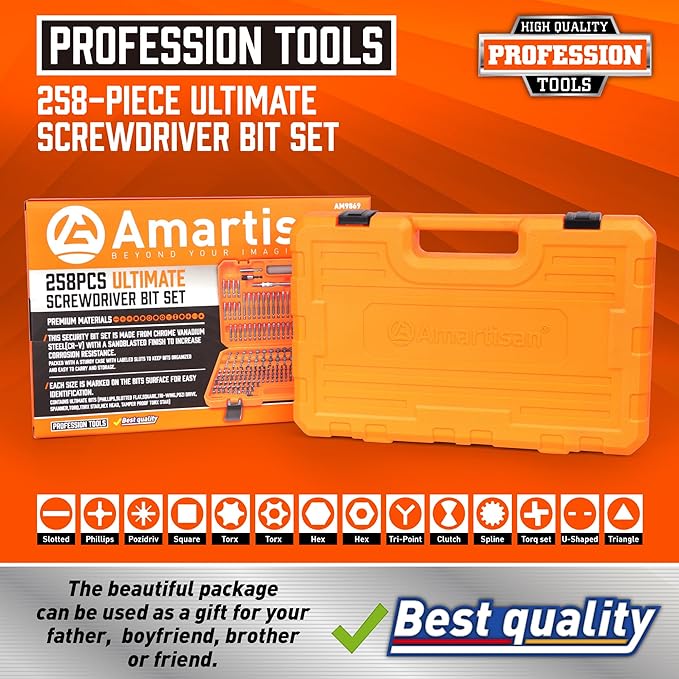 Amartisan 258-Piece Ultimate Screwdriver Bit Set,Chrome Vanadium Steel Driver Bit Set, Security bit set, Includes Bits Holder, Nut Driver, etc (Orange)