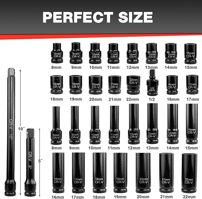 EACELIY 33pcs 1/2" Impact Socket Set (8-22mm), Metric Socket Set, Cr-V Steel, 6 Point Deep & Shallow Sockets, with 5" 10" Extension Bars and 1/2" Universal Joint