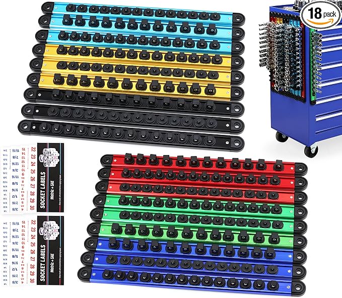 18-Piece Magnetic Socket Holder Organizer Set (Holds 240 Sockets), Heavy Duty 1/2, 3/8, 1/4-Inch Socket Racks Premium Quality Socket-Clip Rail Holder Aluminum Sockets Rack Kit for Tool Box Drawer