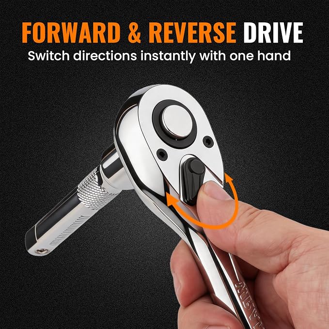 1/2“ Drive 90-Tooth Ratchet Wrench with Extension Bar | Socket Wrench, Reversible Design, Quick-Release, Cr-Mo Head, Cr-V Made, 4° Swing Arc, Full Polished