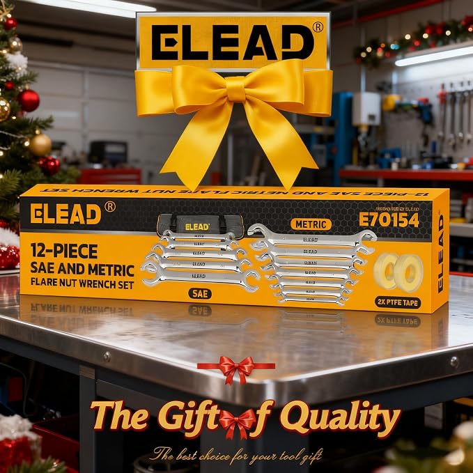 ELEAD 14-Piece Flare Nut Wrench Set with PTFE Tape, Metric & SAE 1/4"-7/8"& 6-21mm, Brake Line Wrench Set Double Open End with Organizer Pouch for Repairing and Removing Nuts