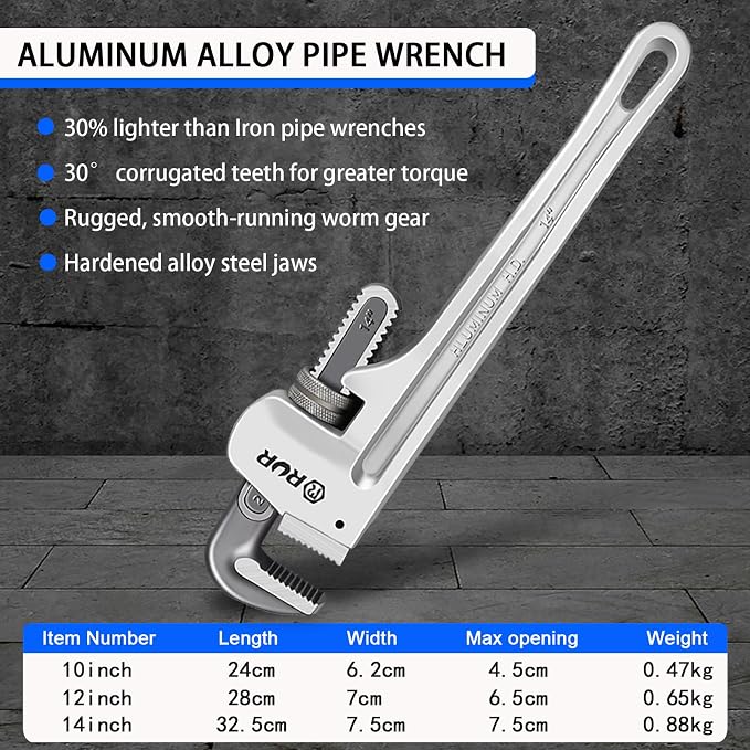 Aluminum Pipe Wrench Set, 10", 12", 14", 3-piece, 40% Lighter, Heavy Duty Adjustable Plumbing Wrench Set, Wider Application Range