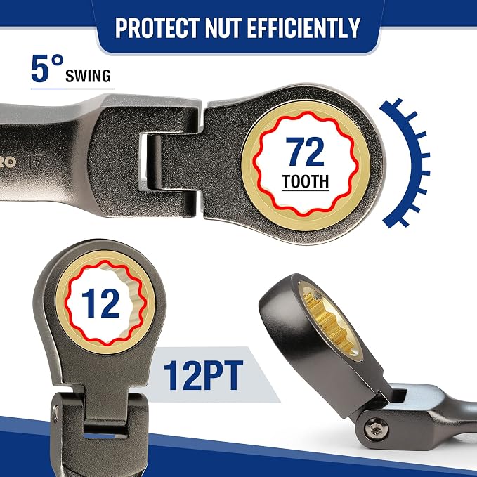 WORKPRO 8 Piece Flex Head Stubby Ratcheting Wrench Set, Metric 9-17mm | 72-tooth CR-V Wrenches with Nickel-plated Finish for Automotive, Garage and Home Repairs, Includes Rolling Pouch