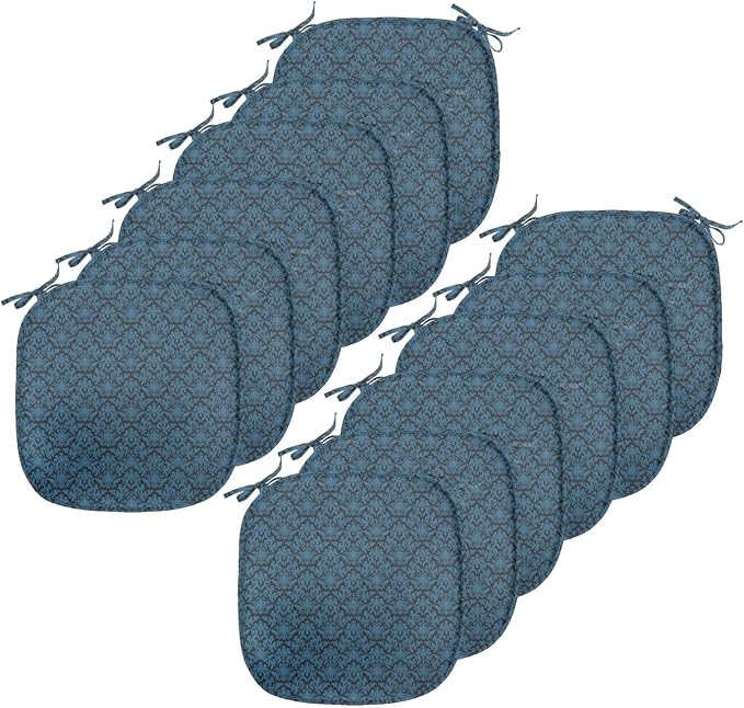 Lunarable Damask Blue Chair Seating Cushion Set of 12, Repetition with Rococo Inspired Royal Style Ornamental Pattern, Anti-Slip Seat Padding for Kitchen & Patio, 16"x16", Dark Grey and Turquoise