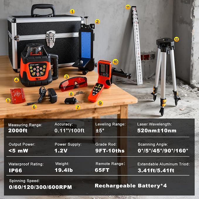 Red Rotary Laser Level 2000ft, 360 Degree Self Leveling Laser Level Kit with Receiver Remote Control and Surveying Tripod 16.4ft Staff, 5 Rotation Speeds& 4 Angles Adjustment,IP66 Waterproof