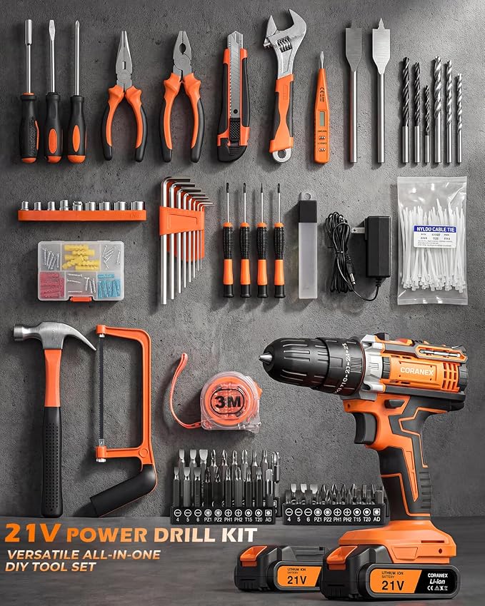 21V Cordless Drill Set with Toolbox | All-in-One Drill Tool Kit | 25+1 Torque, 2-Speed, 3/8" Keyless Chuck | 2 Batteries | Home Repair & DIY Kit