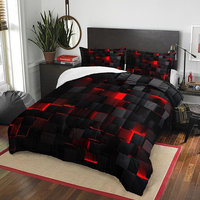 Nttopship Geometric Red Black Comforter Set,Light Honeycomb 3 Piece Bedding Set Full for Boys,Modern Bedding Set Microfiber Lightweight 1 Comforter 2 Pillowcases