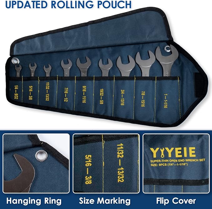 YIYEIE 9Pcs Super-Thin Wrench Set, Nickel Plating | CR-V Steel | SAE 1/4" to 1-1/16", Flat Thin Wrenches for Tight Space, 3mm Ultra-Slim, Dual Open End Wrench Set with Rolling Pouch