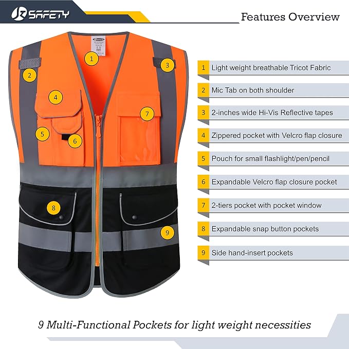 JKSafety 9 Pockets Class 2 High Visible Reflective Safety Vest Zipper Front Breathable Lining Orange-Black Meets ANSI/ISEA Standards(150-Orange-Black,XXL