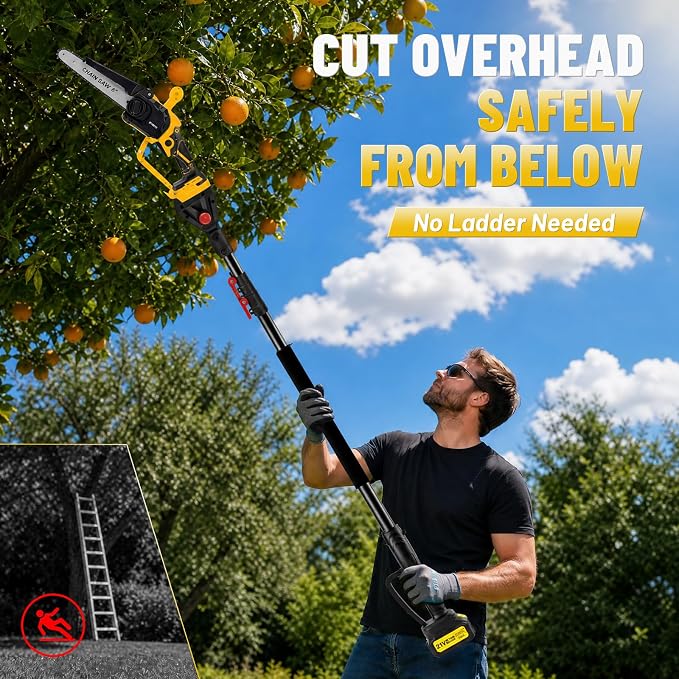 2-in-1 Cordless Pole Saw & Mini Chainsaw, 8-Inch Brushless Electric Tree Trimmer, 2 x 4.0Ah Batteries, Up to 16 Ft Reach, LED Light, Battery Powered Pole Saw for Tree Trimming & Branch Cutting