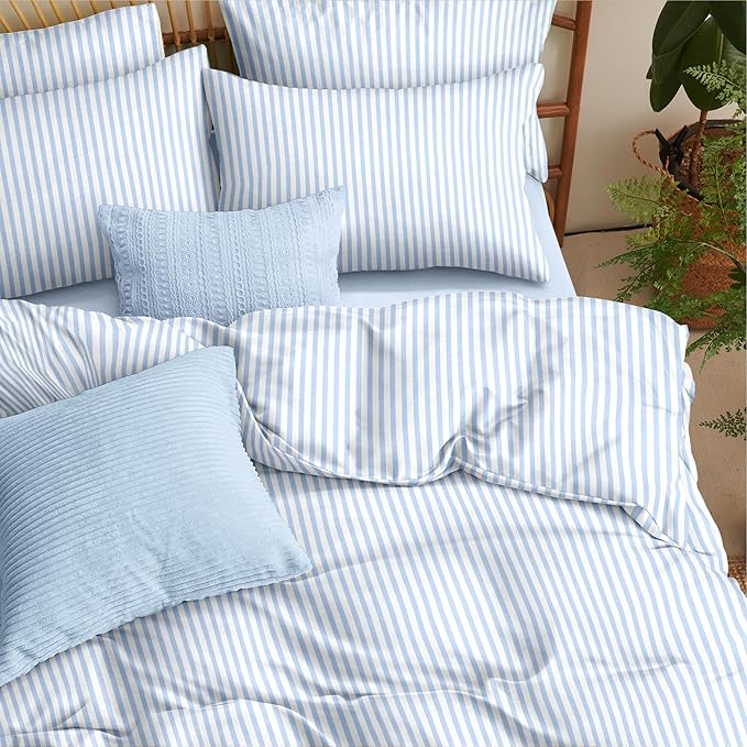 Sedefen Striped Duvet Cover King Size Blue Stripes On White Bedding Set 3 Pieces Kids Boys Girls Geometry Stripe Comforter Cover with Zipper Closure