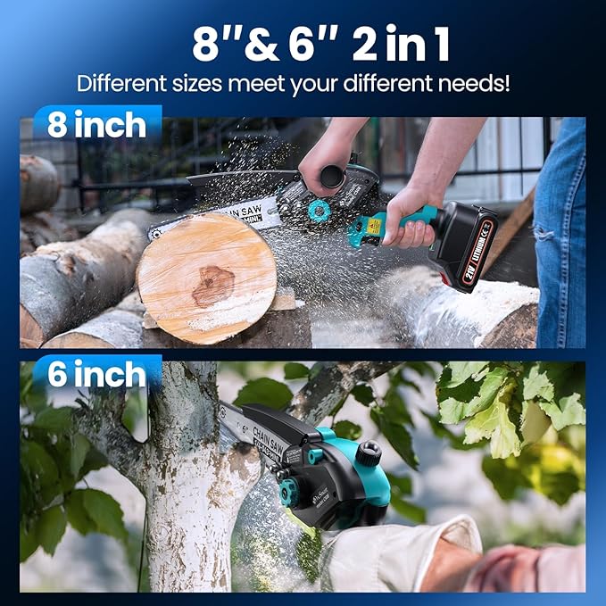 Electric Hand Saw for Pruning Small Trees, Brushless 8 inch & 6 inch Portable Mini Chainsaw with 2 Rechargeable Batteries, 1000W Handheld Chain Saw for Wood Cutting, Gardening Gifts for Mother's Day