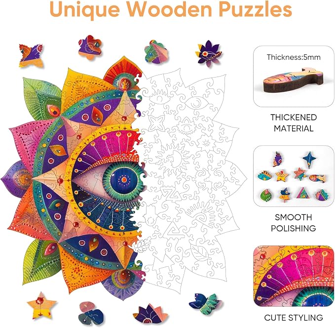 Mys Aurora Mandala Evil Eye Wooden Puzzles for Adults - Spiritual Design for Meditation & Home Decor - Family Game Gift Idea - 200 Piece Jigsaw Puzzle, 11.2'' x 10.8''