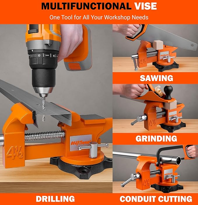 AV Steel 4-1/2" Bench Vise with 240° Flexible Swivel Locking Base and Anvil, High-Strength Multi-Purpose Workbench Vise Heavy-Duty, Cast Iron Workbench for Woodworking, Drilling, Pipe Cutting