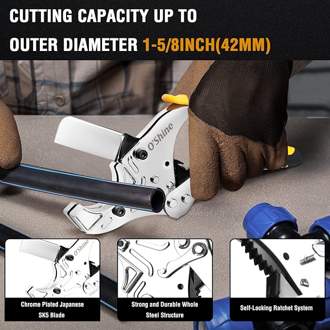 O'Shine Industrial-Grade Ratchet PVC Pipe Cutter, 1-5/8" Max OD Heavy Duty Professional Plumbing Tube Cutter for PEX PPR Conduit, Heavy Duty Spare Blade & Hex Key Included