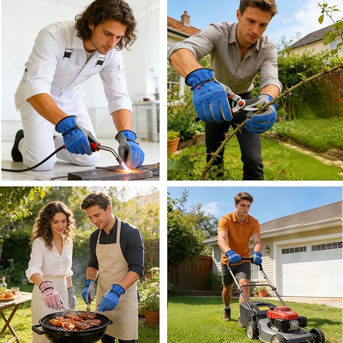 WZQH Leather Work Gloves for Men or Women. Medium Glove for Gardening, Tig/Mig Welding, Construction, Chainsaw, Farm, Ranch, etc. Cowhide, Cotton Lined, Utility, Firm Grip, Durable. Blue-Grey M